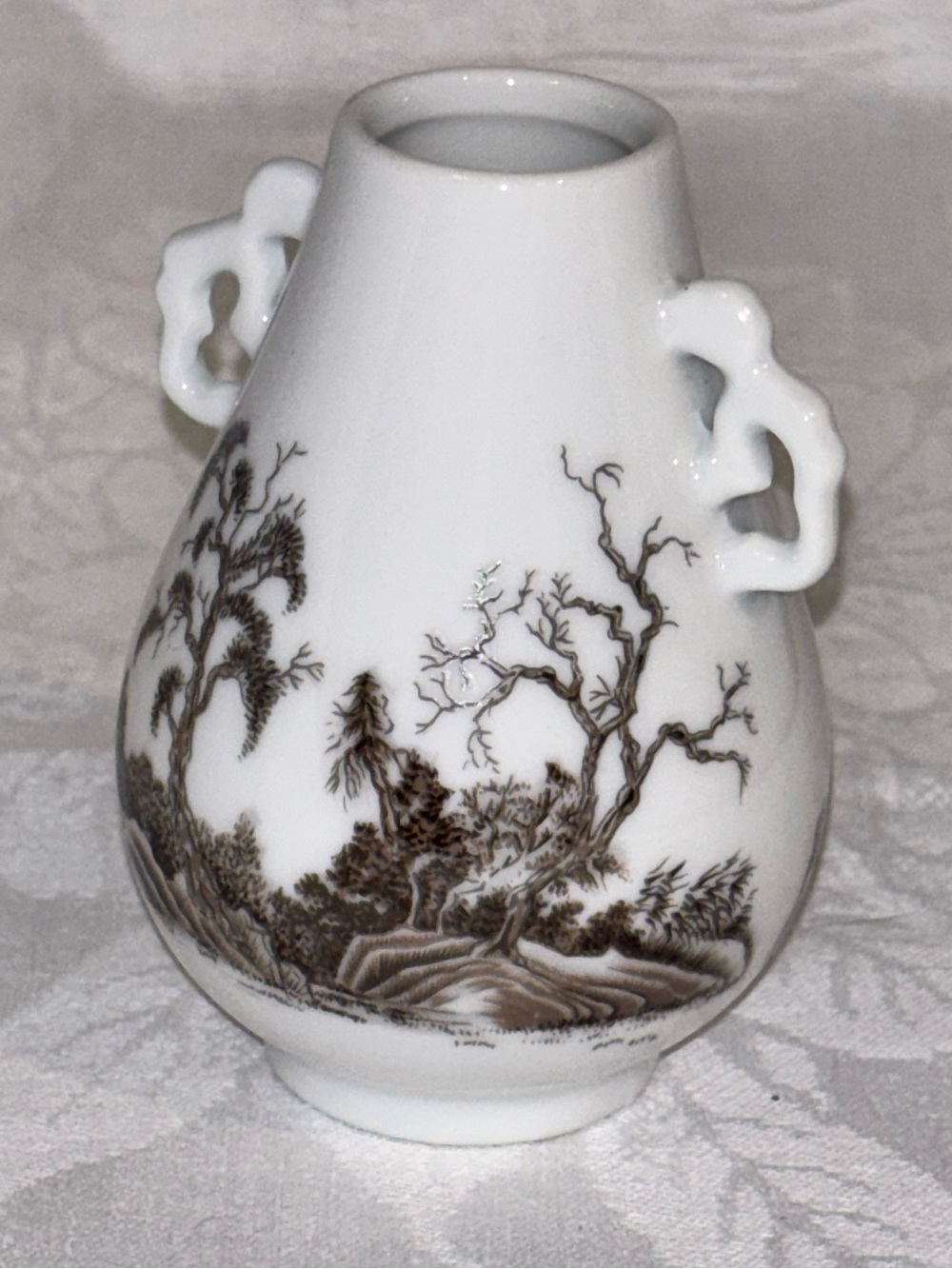 Vintage 1980 Franklin Porcelain Japan Mini Vase Asian Landscape Double Handle